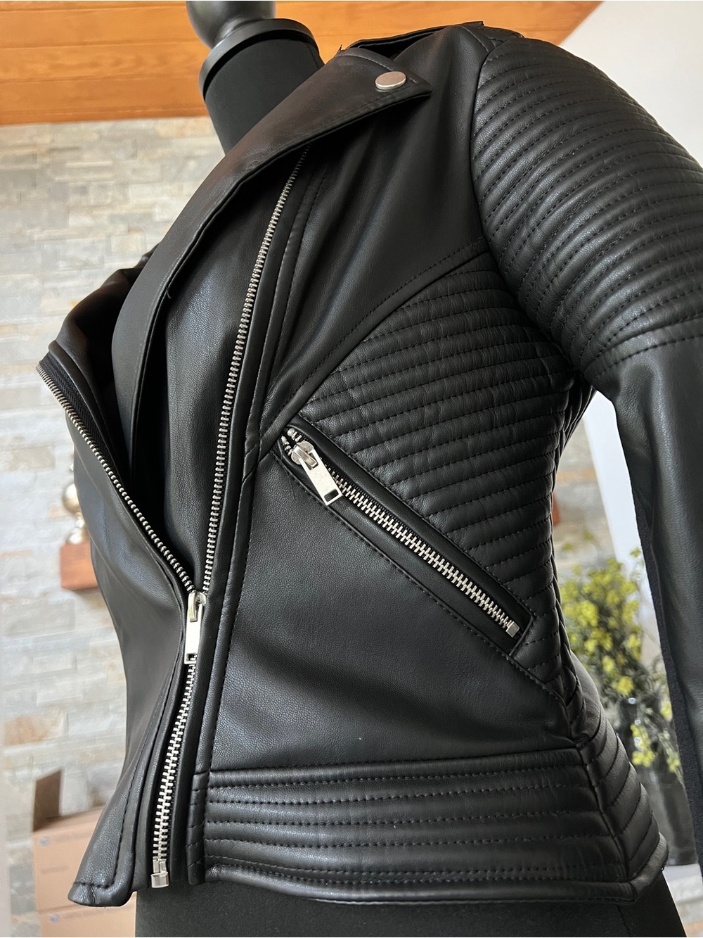 Bar III Black Faux Leather Moto Jacket with Silver Zippers - Picture 4 of 13